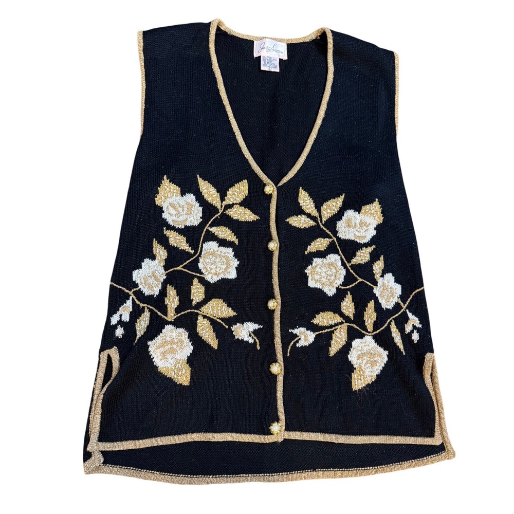 Vintage Metallic Black Gold Floral Knit‎ Sweater Vest Victorian Regency 90s L
